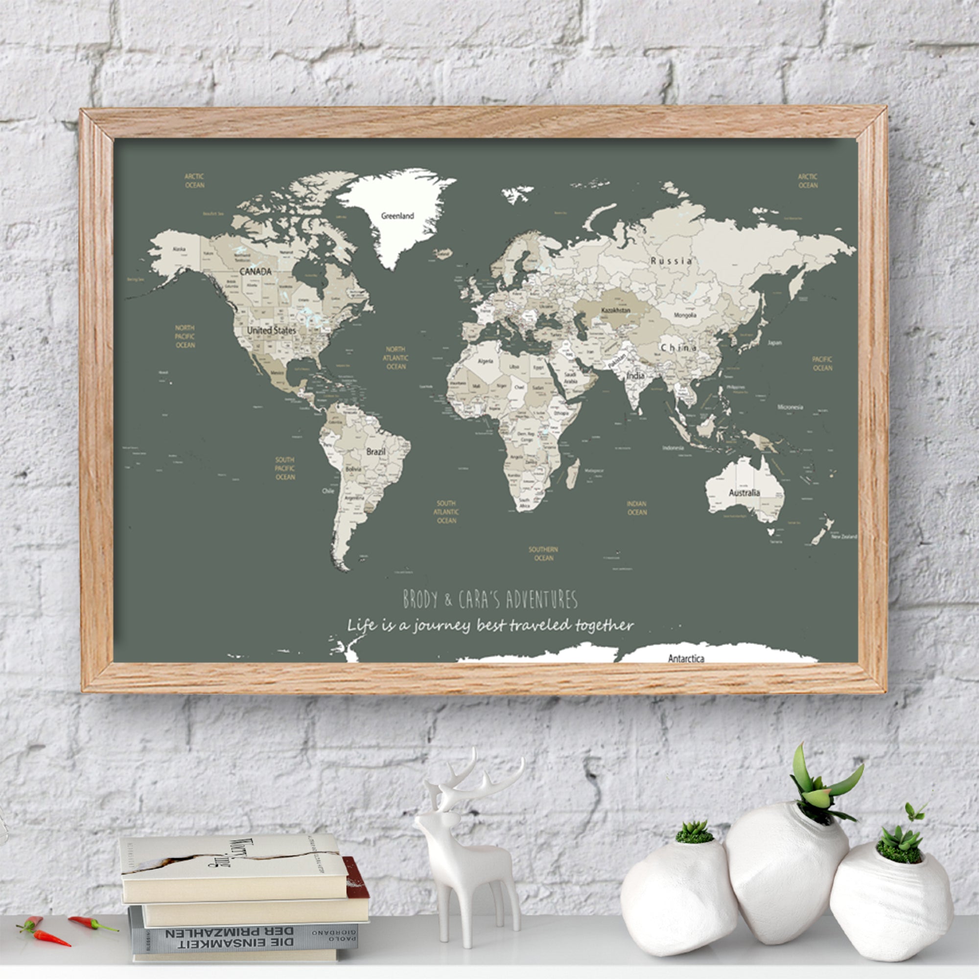 Personalised World Map Framed Pin Board in Sage Green and Whites